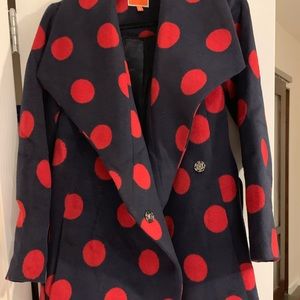 ModCloth Navy Blue and Red Polka Dot Coat